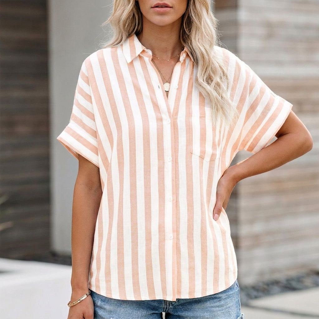 Linen Blouse Women Striped Button Front Oversized