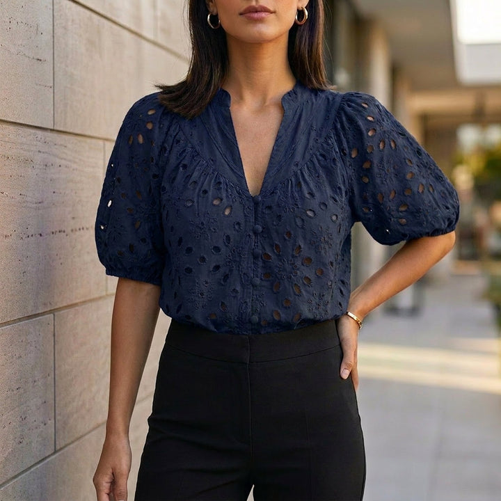Linen Blouse Women V-Neck Button Front Embroidery
