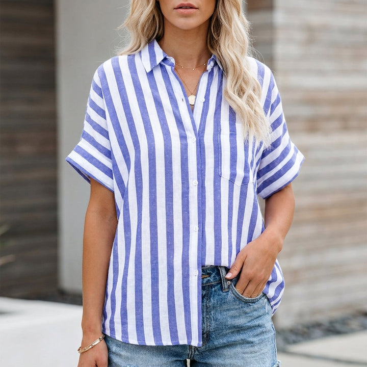 Linen Blouse Women Striped Button Front Oversized