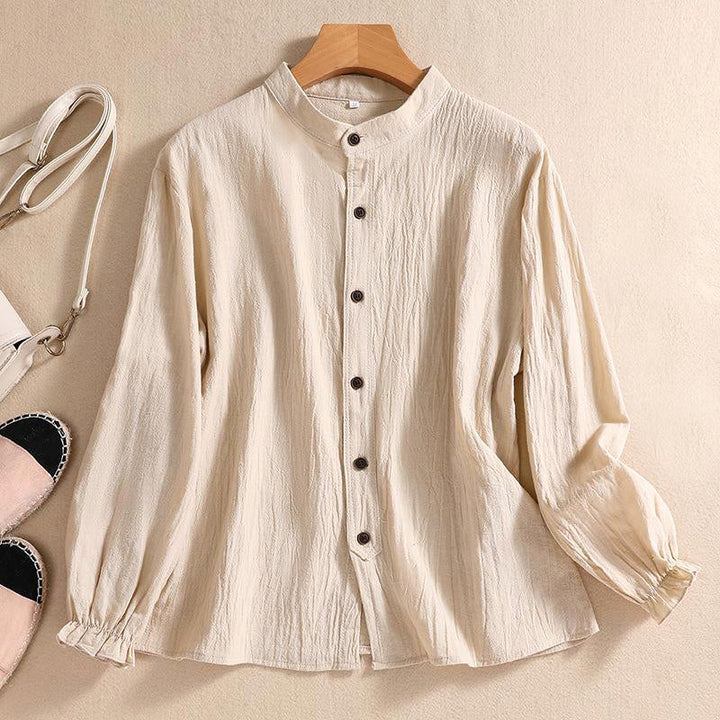 Linen Blouse Women Tunic Button Front Mandarin Collar