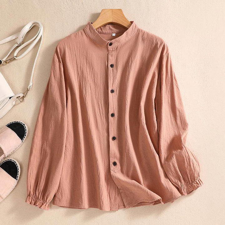 Linen Blouse Women Tunic Button Front Mandarin Collar
