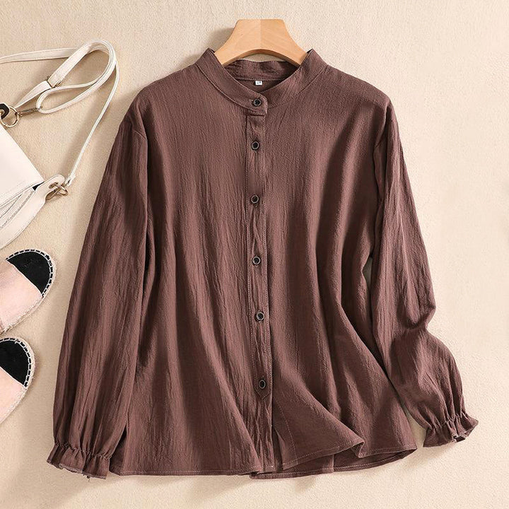 Linen Blouse Women Tunic Button Front Mandarin Collar