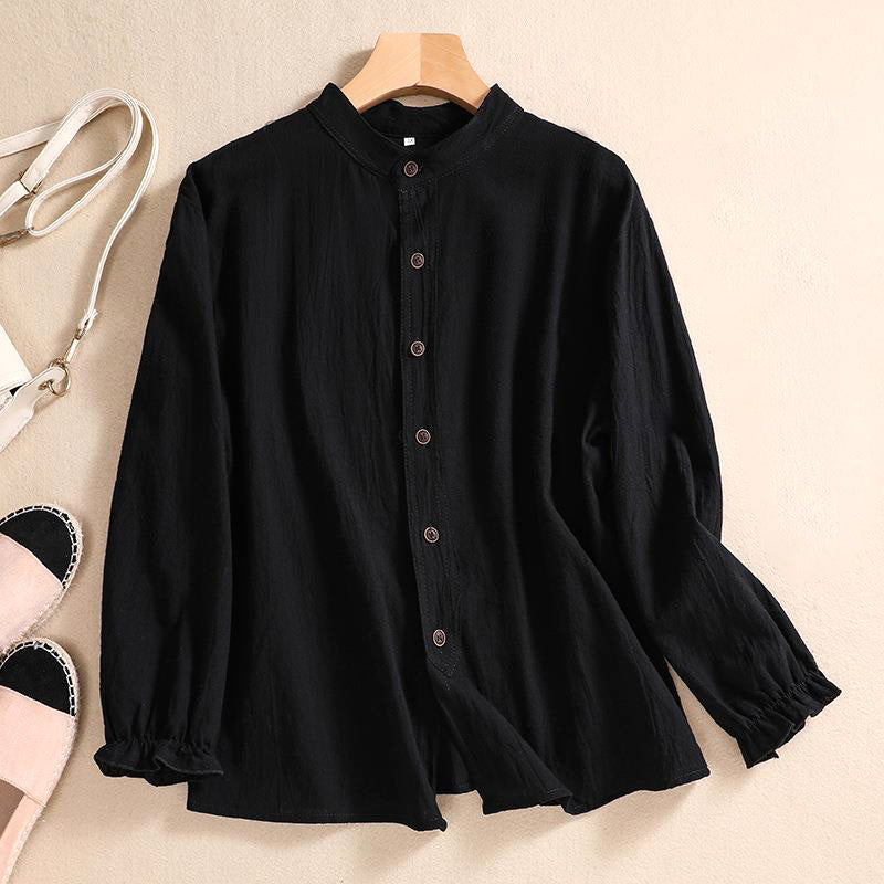 Linen Blouse Women Tunic Button Front Mandarin Collar