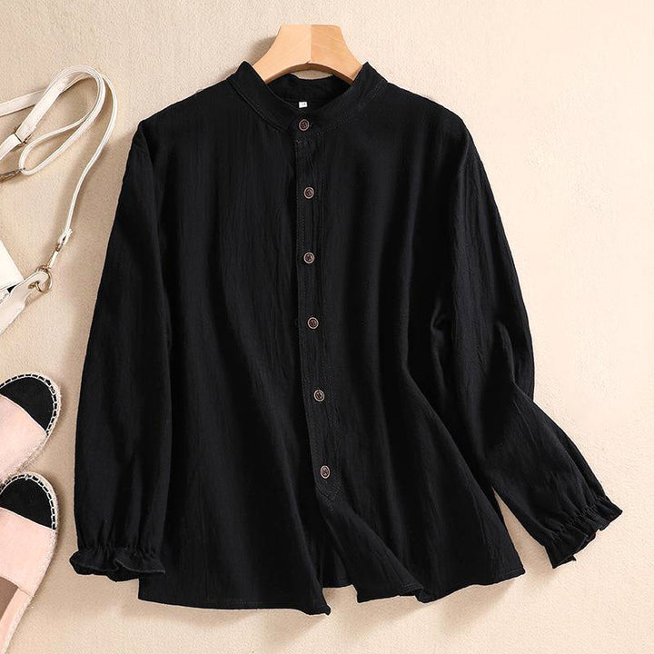 Linen Blouse Women Tunic Button Front Mandarin Collar
