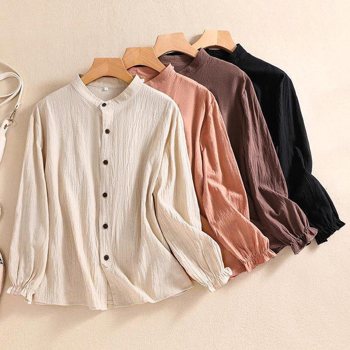 Linen Blouse Women Tunic Button Front Mandarin Collar