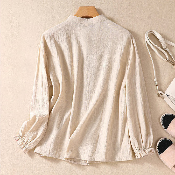Linen Blouse Women Tunic Button Front Mandarin Collar