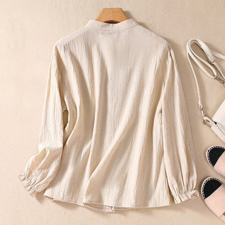 Linen Blouse Women Tunic Button Front Mandarin Collar
