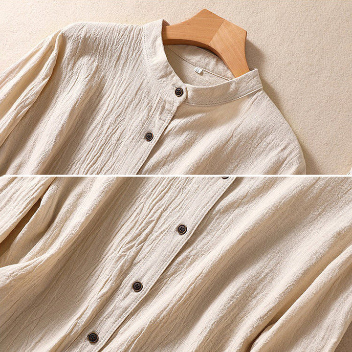 Linen Blouse Women Tunic Button Front Mandarin Collar