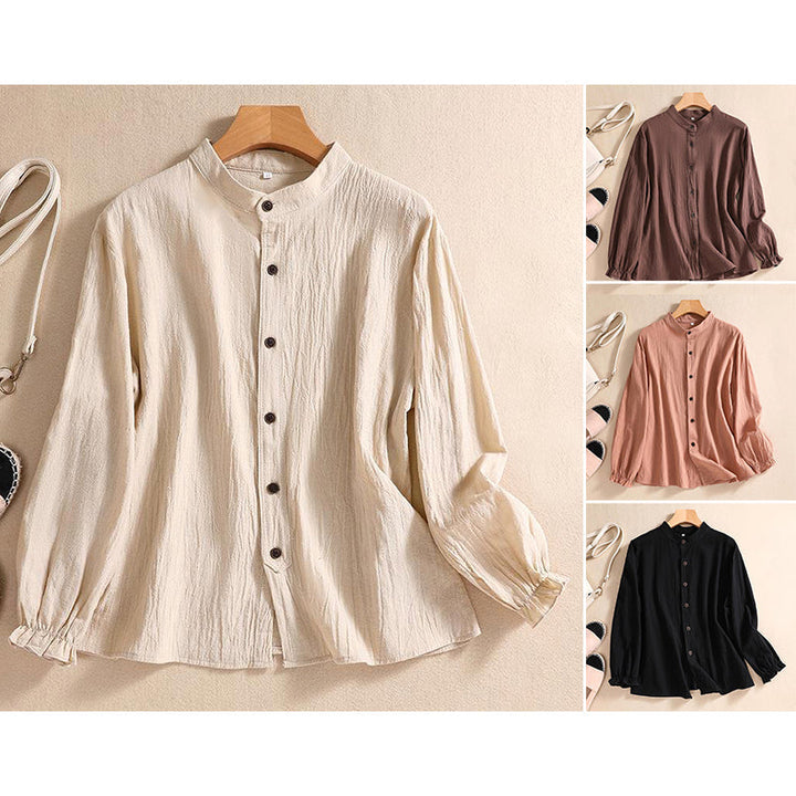 Linen Blouse Women Tunic Button Front Mandarin Collar