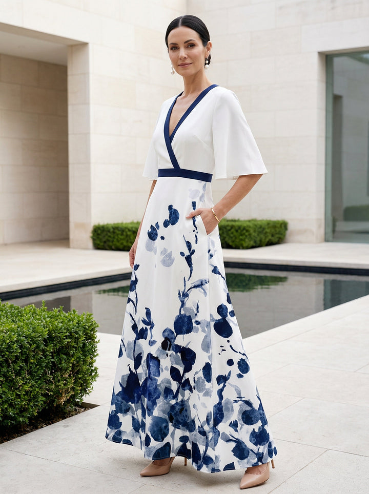 Floral Maxi Dress Women V-Neck Flutter Sleeve Evening