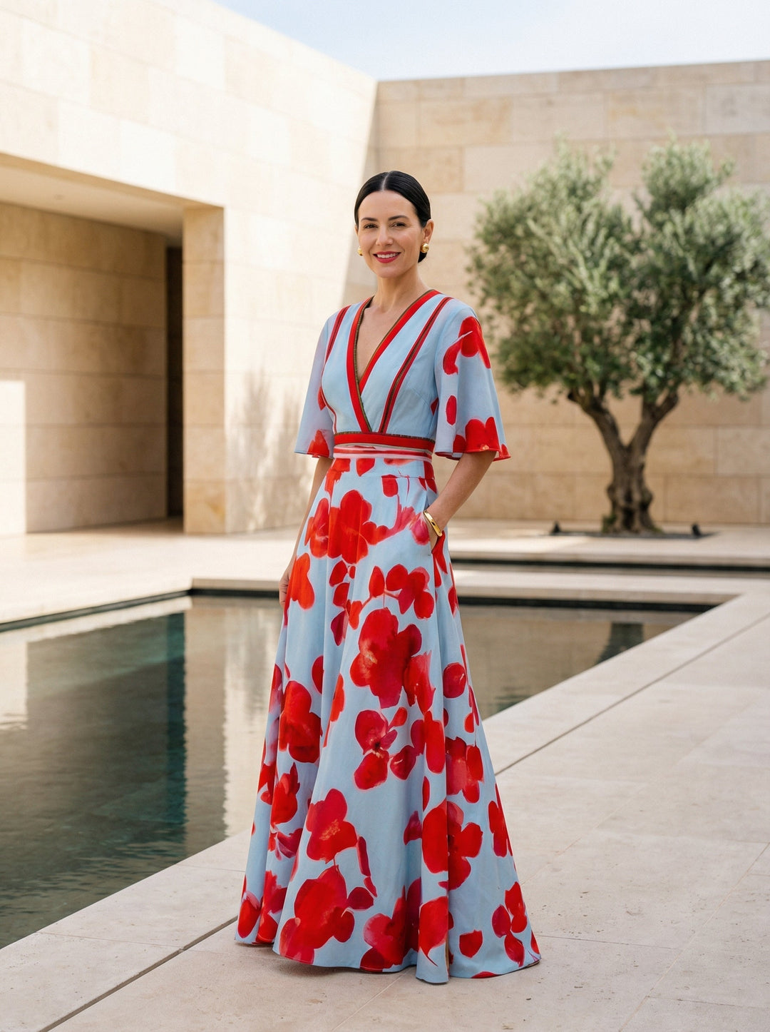 Floral Maxi Dress Women V-Neck Flutter Sleeve Evening