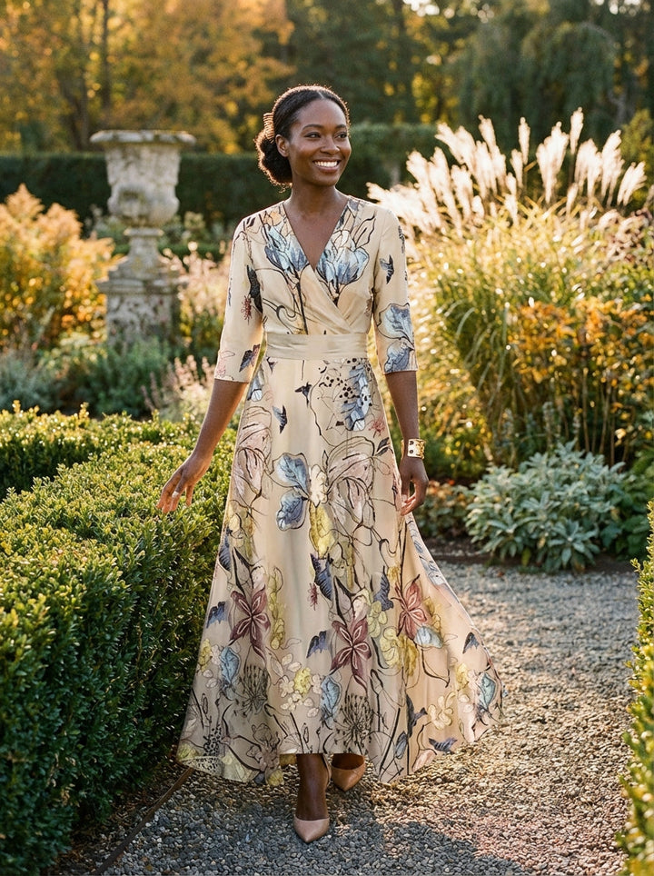 Floral Maxi Dress Women V-Neck Flutter Sleeve Evening