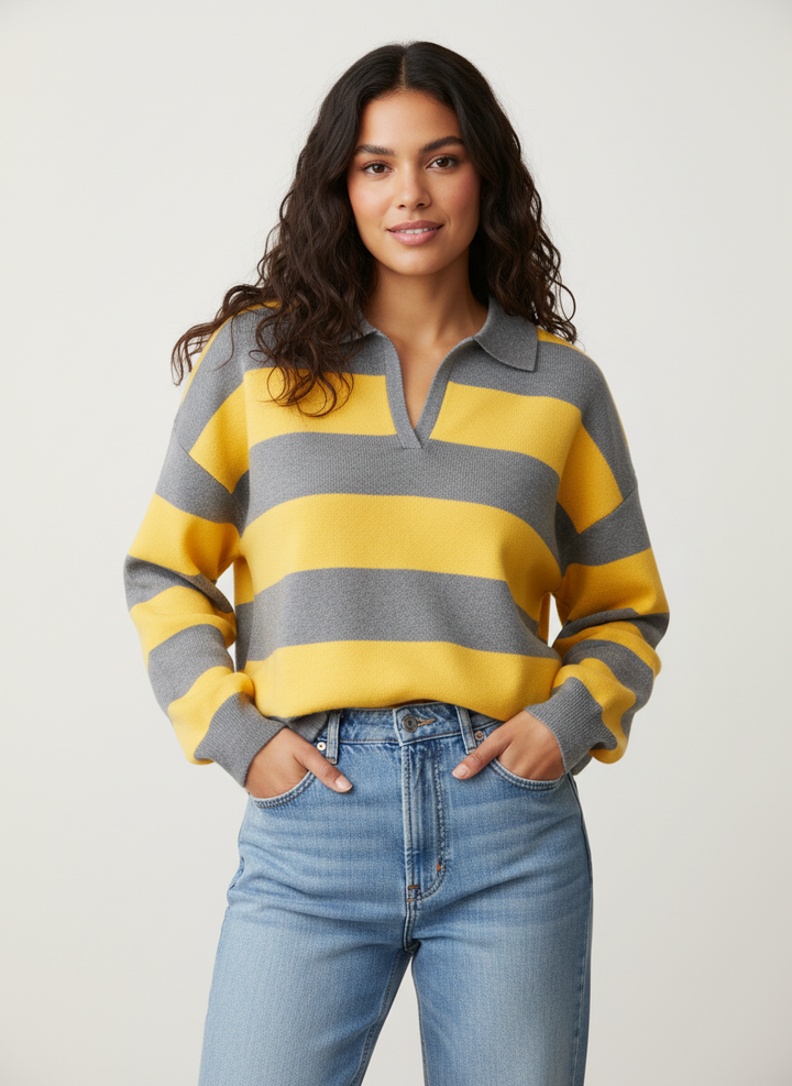 Yvonne | Striped V-Neck Knit Polo for Women