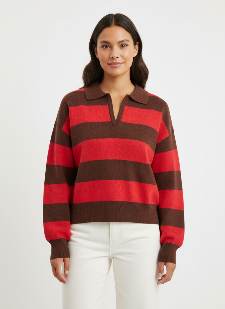 Yvonne | Striped V-Neck Knit Polo for Women
