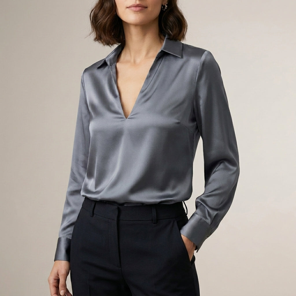Satin Blouse Women V-Neck Long Sleeve High Waist