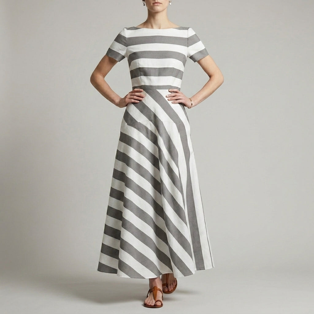 Striped Maxi Dress Women A-Line Print Pockets