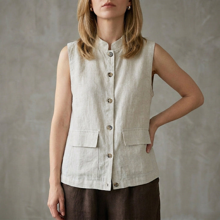 Denim Blouse Women Sleeveless Button Front Mandarin Collar