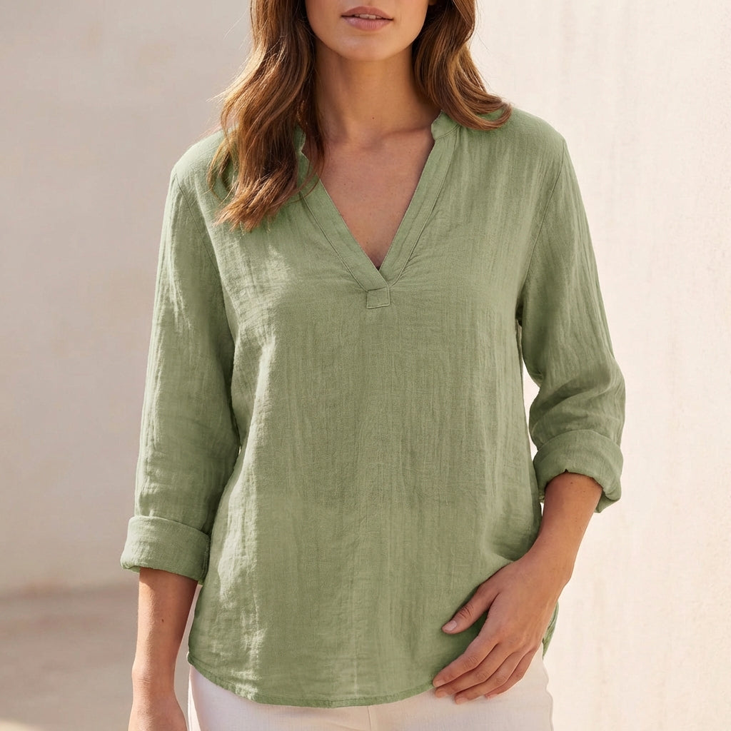 Linen Blouse Women V-Neck Pullover Lightweight Casual