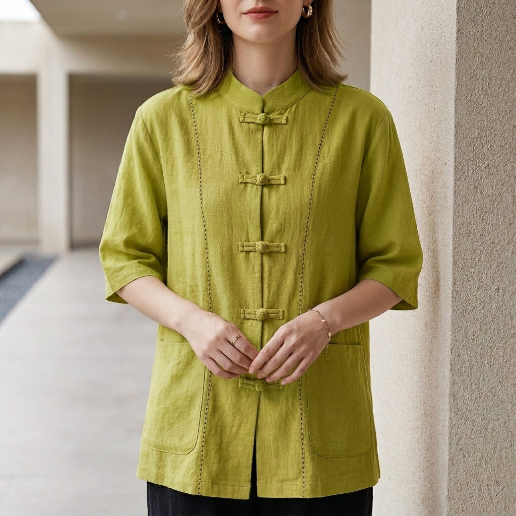 Denim Blouse Women Mandarin Collar Knot Button Pockets