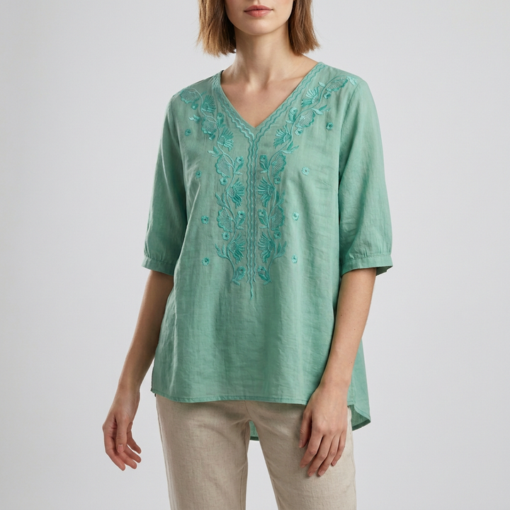 Linen Blouse Women Floral V-Neck 3/4 Sleeve Slit