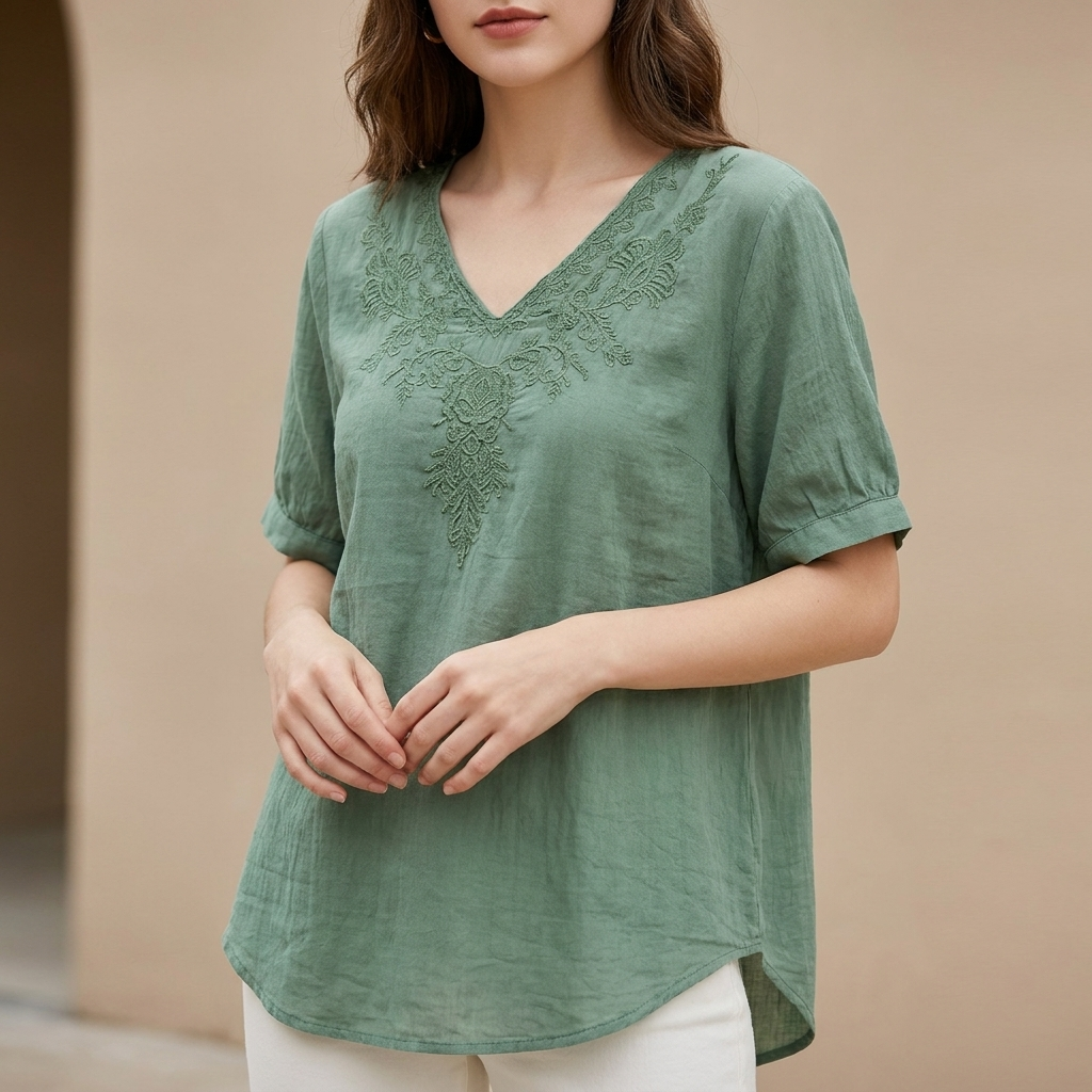 Linen Blouse Women Floral V-Neck Crinkle Texture