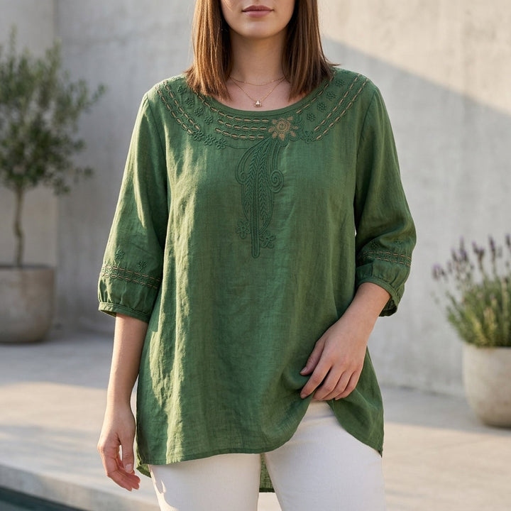Linen Blouse Women Cut-Out Eyelet Embroidery Relaxed