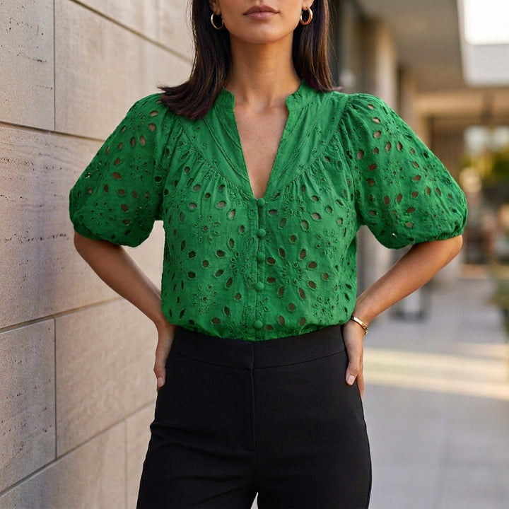 Linen Blouse Women V-Neck Button Front Embroidery