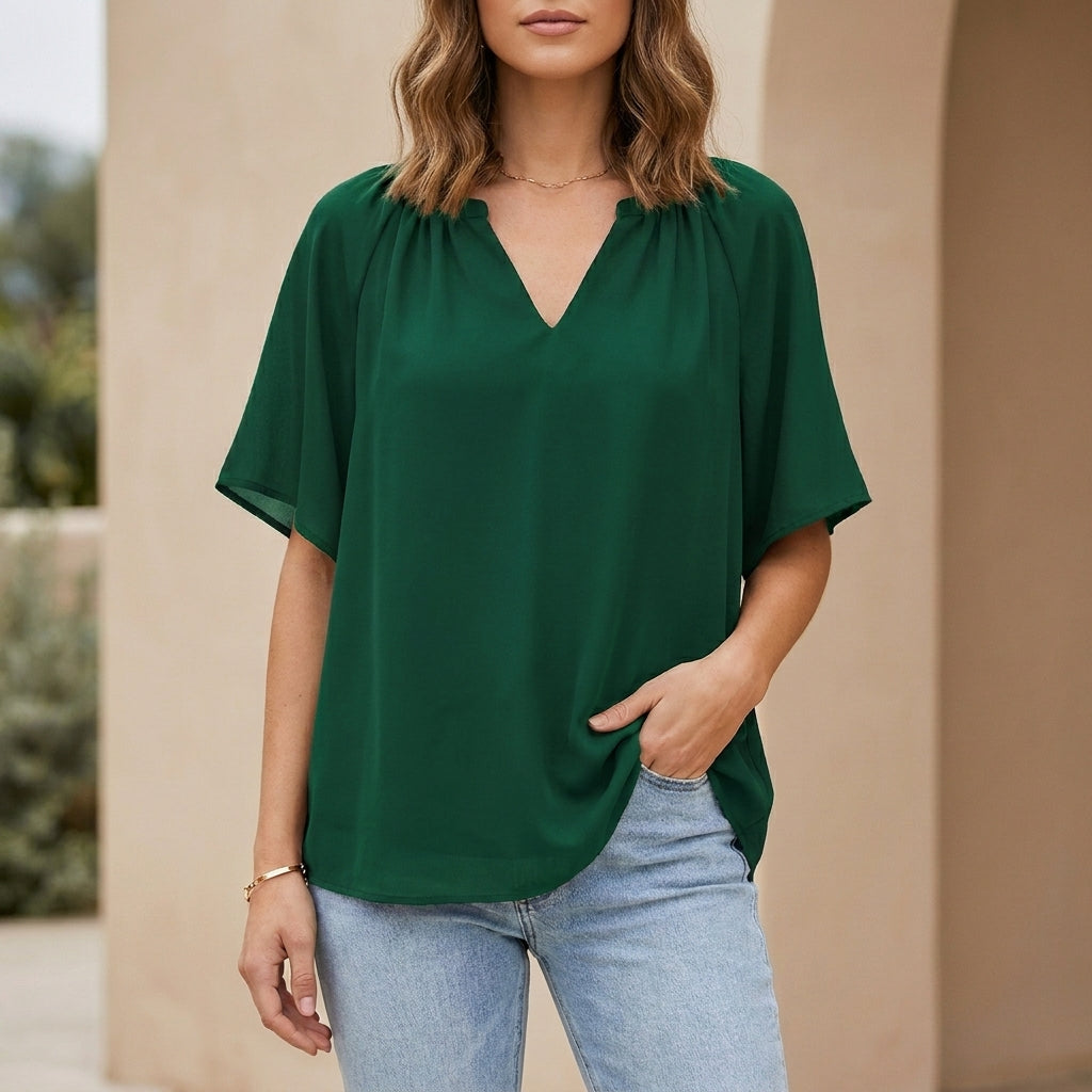 Blouse Women V-Neck Flutter Sleeve Gathered Neckline