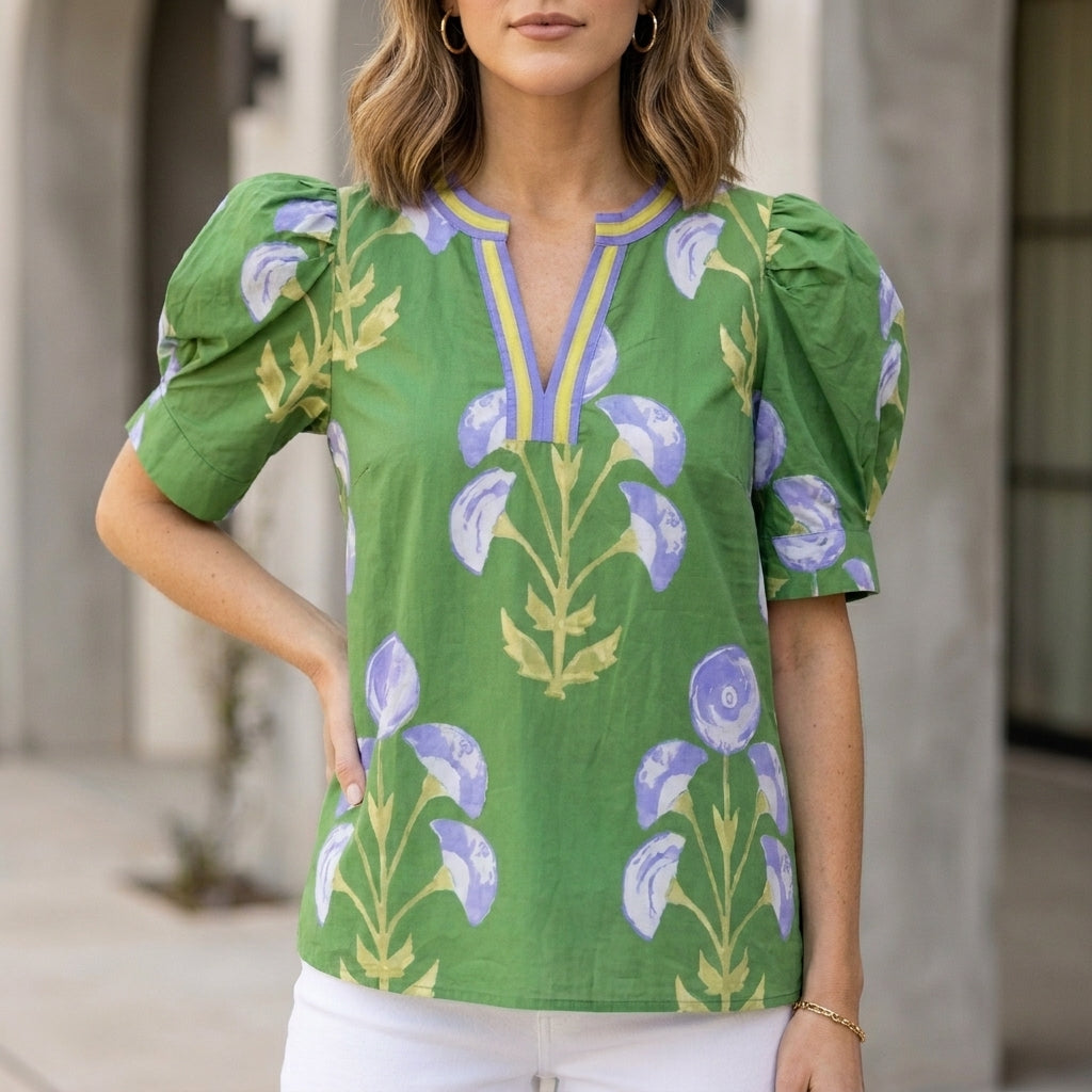 Blouse Women Floral V-Neck Puff Sleeve High Waist Woven