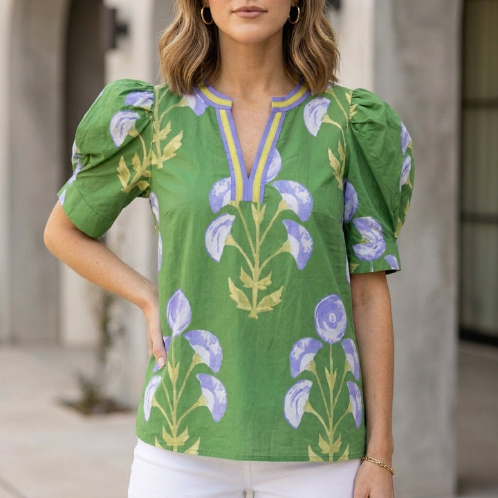 Blouse Women Floral V-Neck Puff Sleeve High Waist Woven
