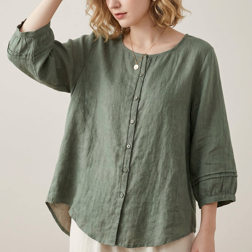 Linen Top Women Button Front Gathered Neckline Casual