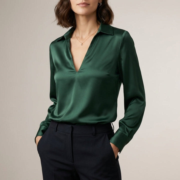 Satin Blouse Women V-Neck Long Sleeve High Waist
