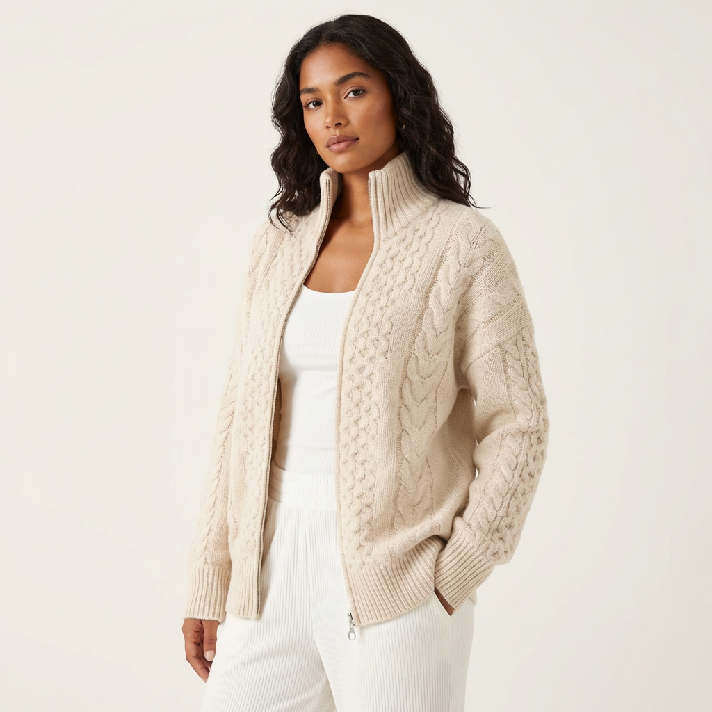 Rosalind | Cable Knit High Neck Cardigan for Women