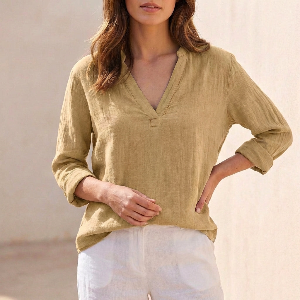 Linen Blouse Women V-Neck Pullover Lightweight Casual