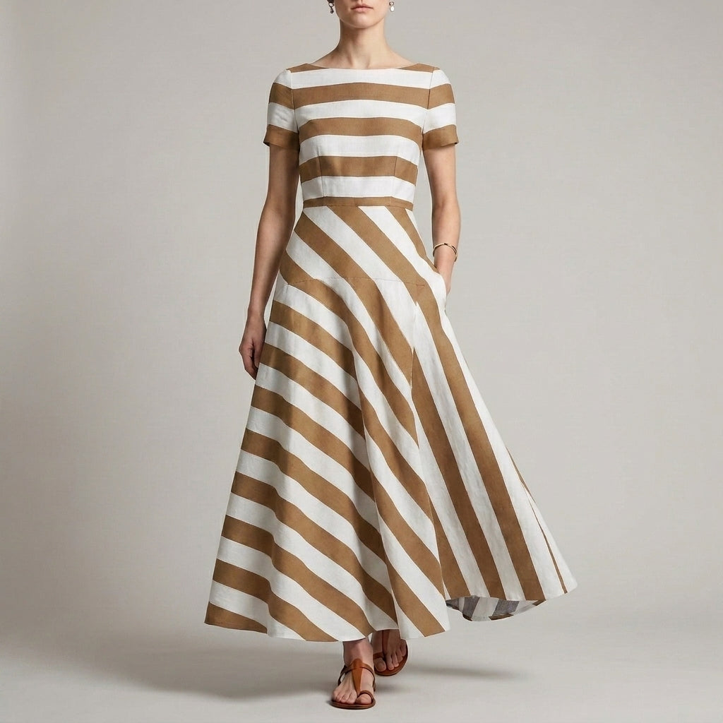 Striped Maxi Dress Women A-Line Print Pockets