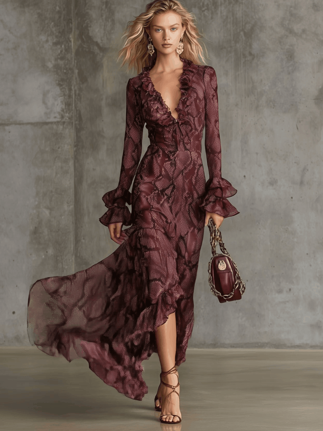 Chiffon Maxi Dress Women V-Neck Burgundy Long Sleeve Ruffle