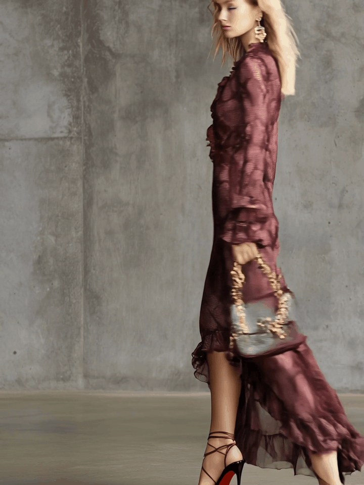 Chiffon Maxi Dress Women V-Neck Burgundy Long Sleeve Ruffle