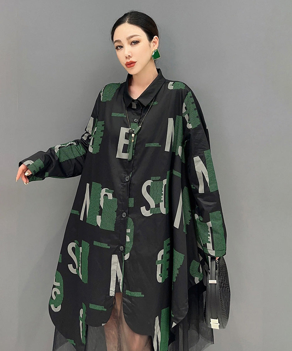 Abstract Letter Sheer Shirt Dress – White Dress