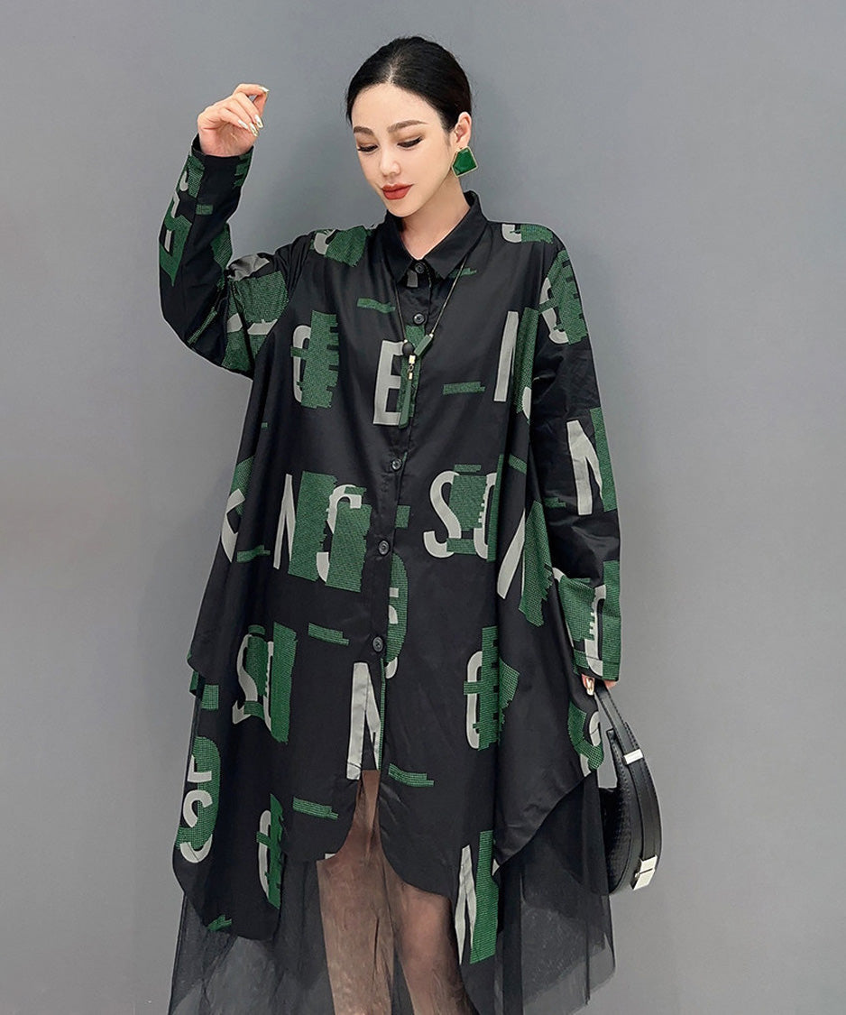 Abstract Letter Sheer Shirt Dress – White Dress
