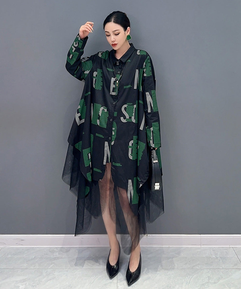 Abstract Letter Sheer Shirt Dress – White Dress