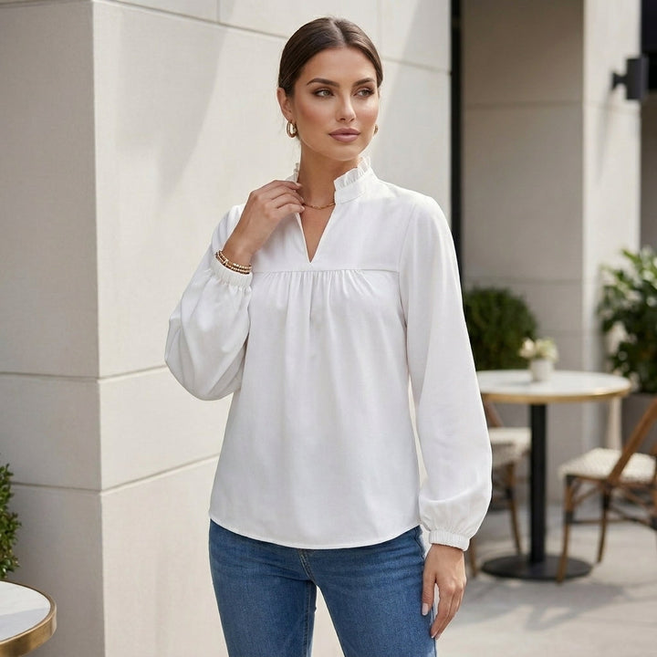 Blouse Women V-Neck Puff Sleeve Ruffle Relaxed