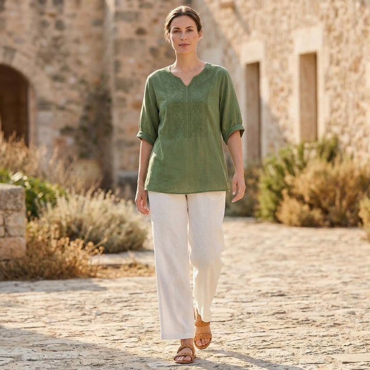 Linen Blouse Women Floral V-Neck Drop Shoulder Flowy