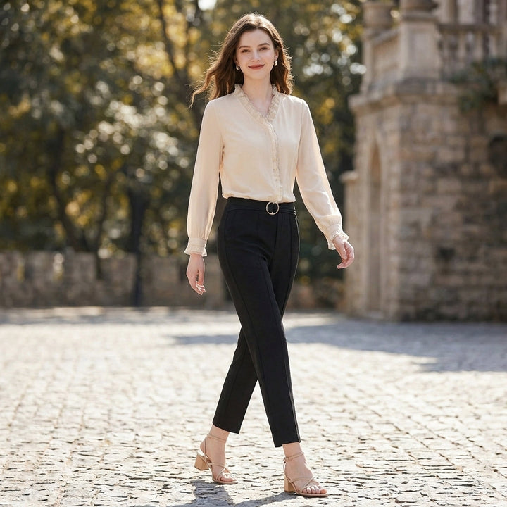 Chiffon Blouse Women V-Neck Puff Sleeve Ruffle Sheer