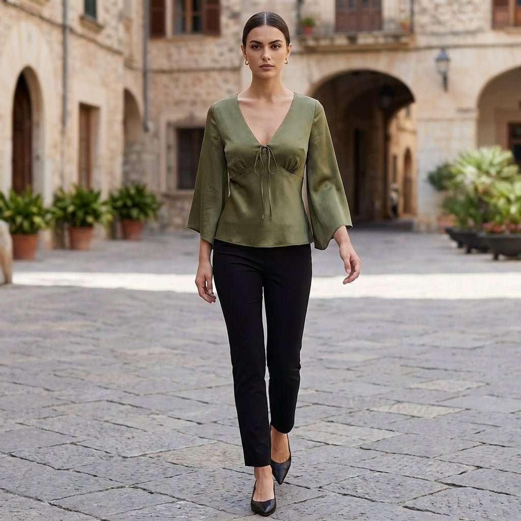 Satin Blouse Women V-Neck High Waist Empire Glossy