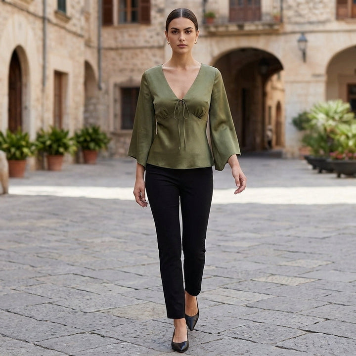 Satin Blouse Women V-Neck High Waist Empire Glossy