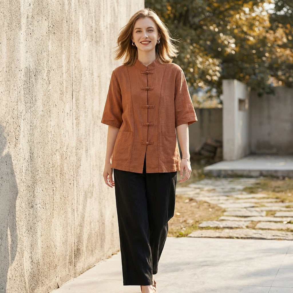 Denim Blouse Women Mandarin Collar Knot Button Pockets