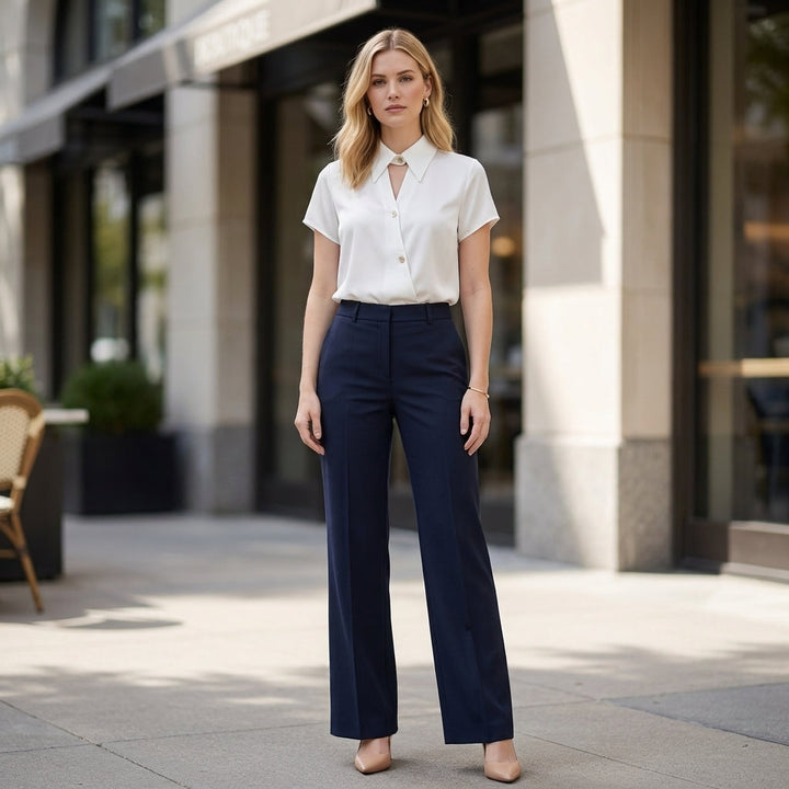 Blouse Women Short Sleeve Cut-Out Pointed Collar Lustrous