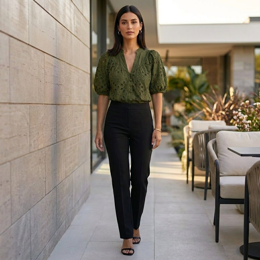 Linen Blouse Women V-Neck Button Front Embroidery