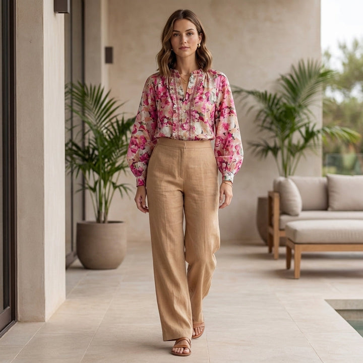 Blouse Women Floral Long Sleeve Ruffle Draped