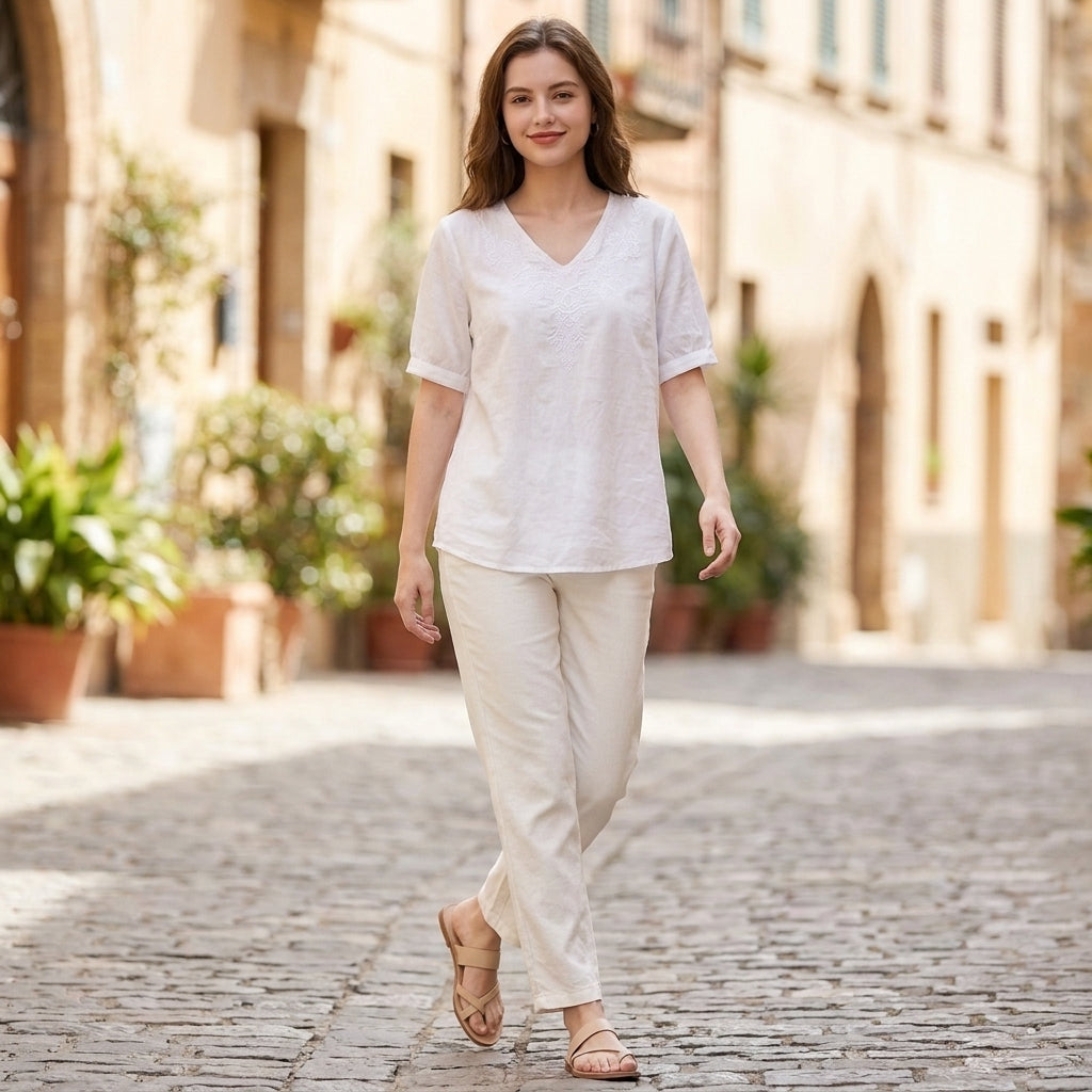 Linen Blouse Women Floral V-Neck Crinkle Texture